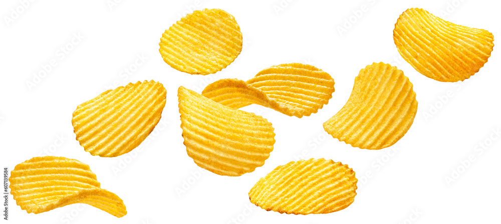 Ridged potato chips isolated on white background