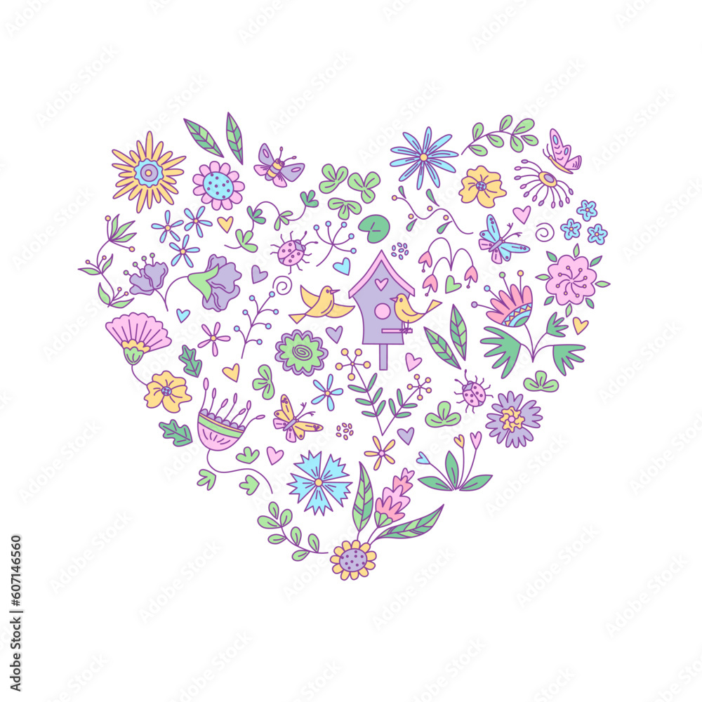 Heart shape with floral elements. Vector isolated color illustration in doodle style.