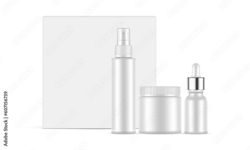 Cosmetic Packaging Mockup: Jar, Dropper and Spray Bottle, Paper Box. Vector illustration