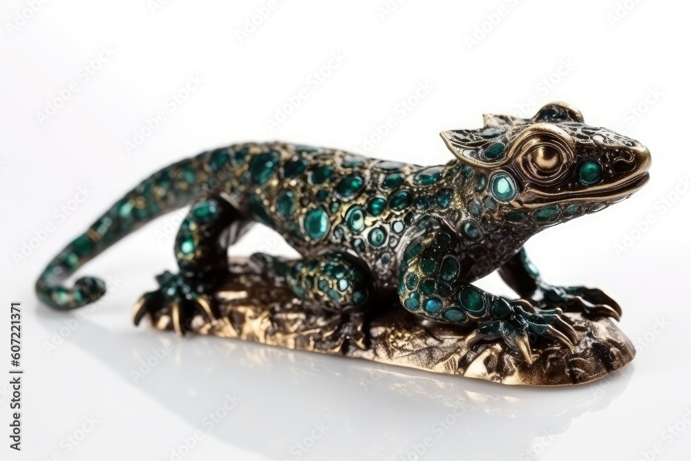 green and gold lizard figurine on a white background Generative AI