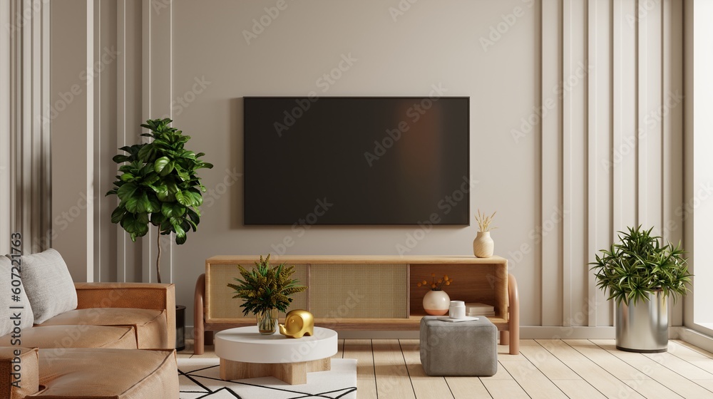 Empty living room mockup a TV wall mounted with leather sofa in living room with cream color wall.3d