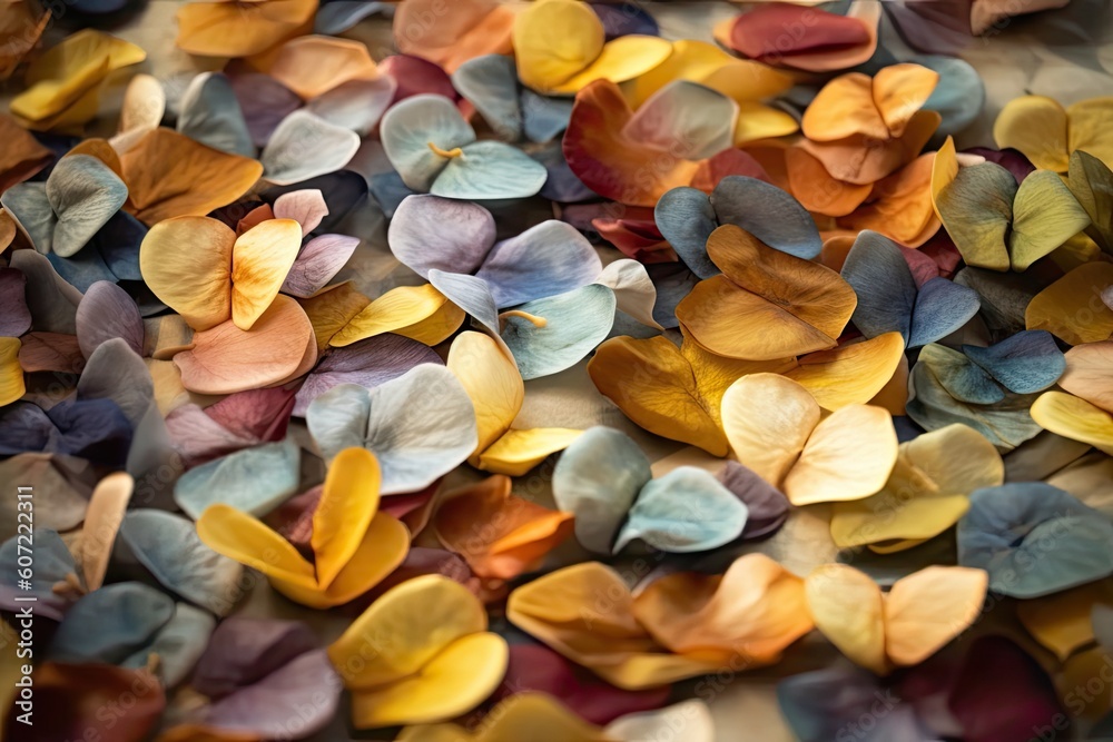 colorful assortment of autumn leaves arranged on a wooden table Generative AI