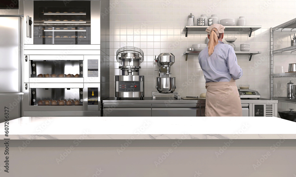 Empty clean white marble top island table in commercial, female professional baker work in bakery ki