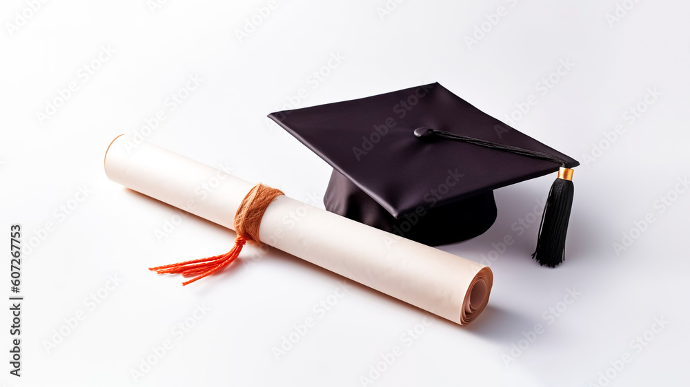 Graduation cap and diploma scroll on white background. Education concept. Generative AI.