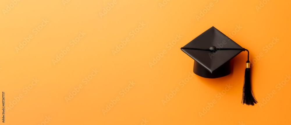 Graduation cap on yellow background with copy space. Education concept. Generative AI.