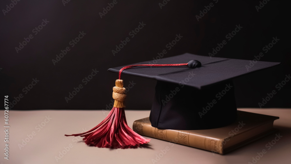 Graduation cap on black background with copy space, Education and graduation concept. Generative AI.