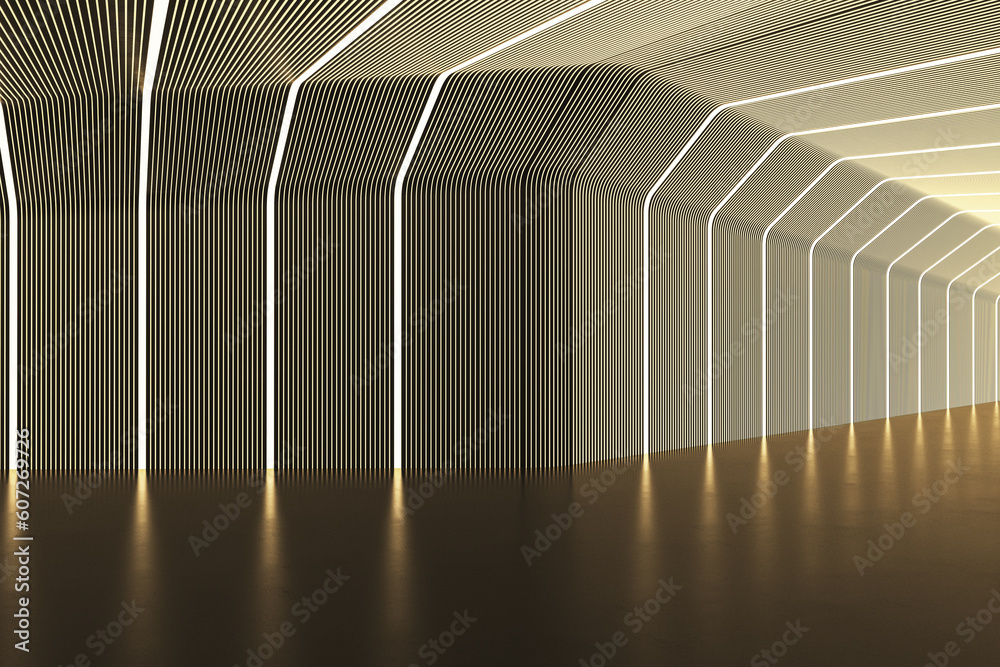 Linear futuristic brown corridor with reflections. Designs concept. 3D Rendering.