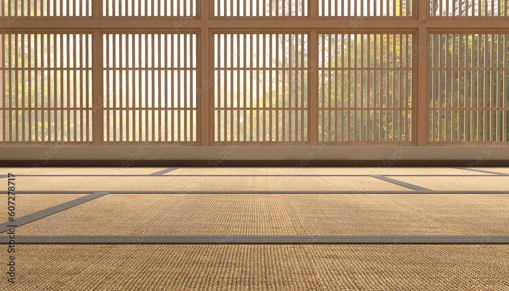 Close up of Japanese tatami mat floor, wooden frame shoji window in sunlight with green tree view fo