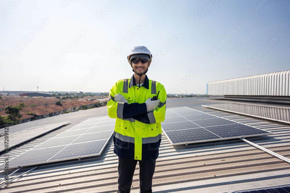 Portrait of engineer work to maintenance of photovoltaic panel system.