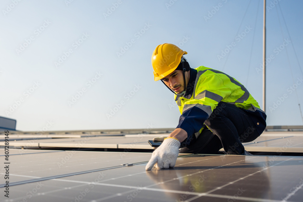 Professional engineer work to maintenance of photovoltaic panel system.