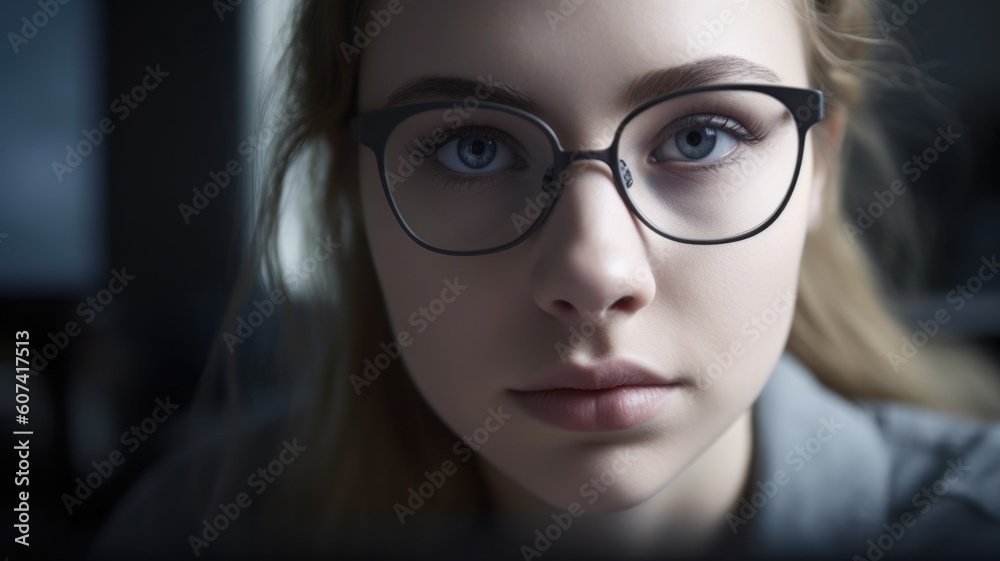 Software Developer Female Caucasian young adult Typing on laptop in office. Generative AI AIG22.