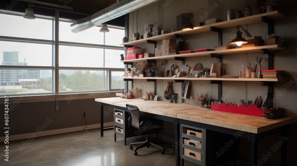 Interior design of Home Office in Industrial style with Desk decorated with Metal, Wood, Concrete, L