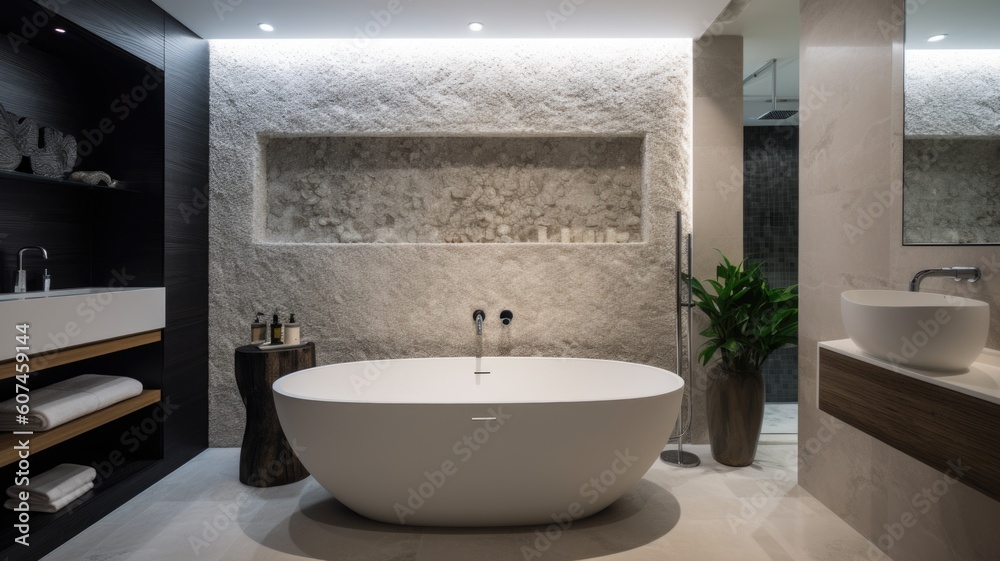 Interior design of Bathroom in Minimalist style with Freestanding Bathtub decorated with Natural Sto