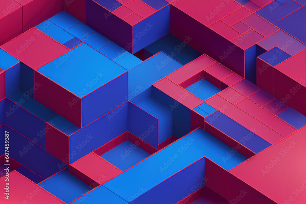 Ravishing isometric architectural design, labyrinth of red and blue geometric blocks in seamless int