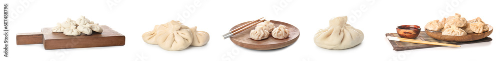 Collage of tasty Asian dumplings on white background