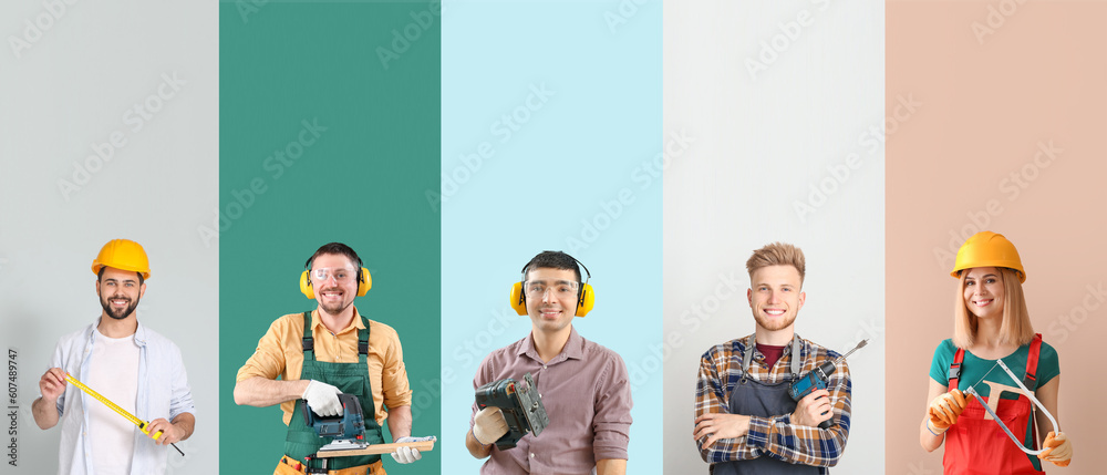 Collage of carpenters on color background