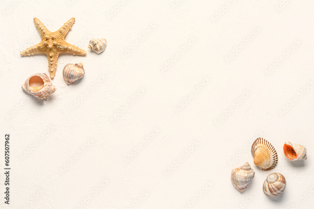 Seashells and starfish on white background