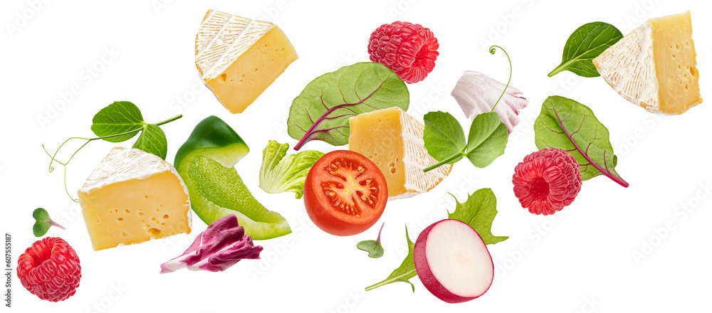 Salad with camembert cheese isolated on white background