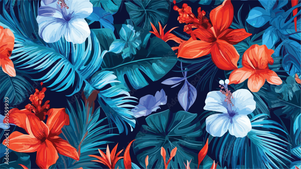 Abstract illustration seamless colorful tropical flowers pattern 