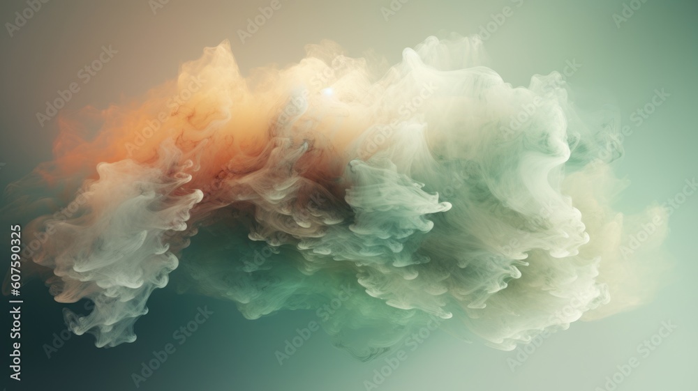 Colorful green and orange smoke cloud flowing smoothly in artistic abstract art background with crea