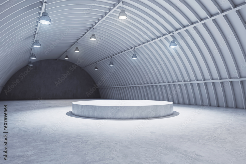 Perspective view grey hangar interior with spotlight and round pedestal on concrete floor, product p