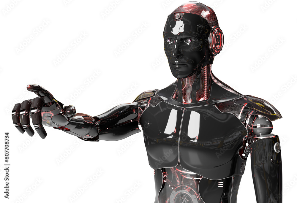 Isolated robot using artificial intelligence. Futuristic cyborg pointing finger. 3D rendering