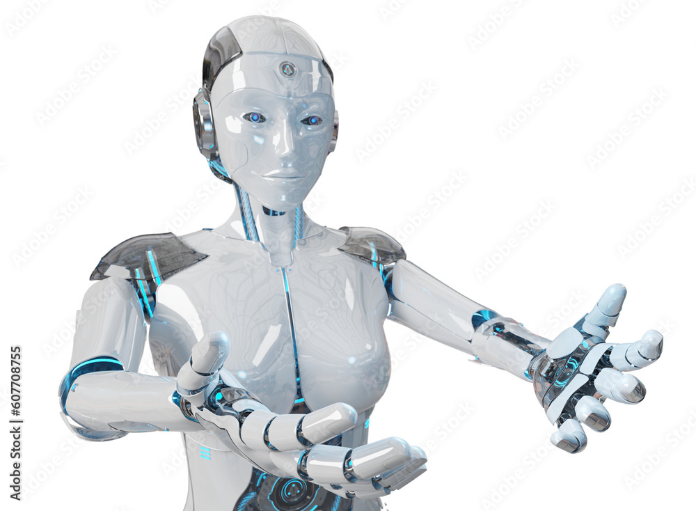 Isolated woman robot opening her two hands. Futuristic cyborg. 3D rendering white and blue humanoid 