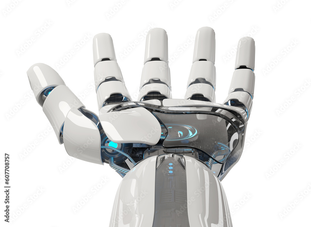 Isolated robot hand. 3D rendering white and blue cyborg arm. Humanoid open palm cut out with transpa