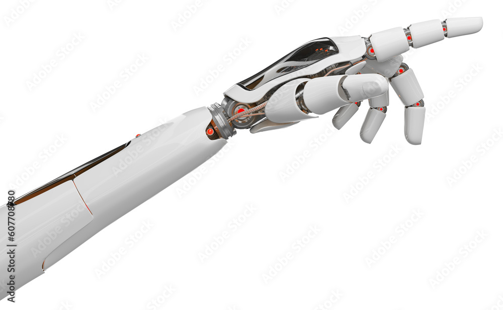 Futuristic cyborg hand pointing finger. 3D rendering white and red humanoid cut out with transparent