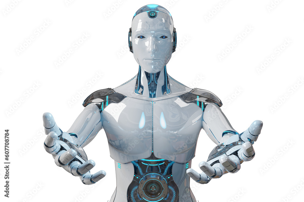 Isolated robot opening his two hands. Futuristic cyborg. 3D rendering white and blue humanoid cut ou