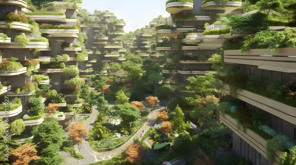 Imaginative representation of a sustainable city showcasing green roofs and vertical gardening, prom