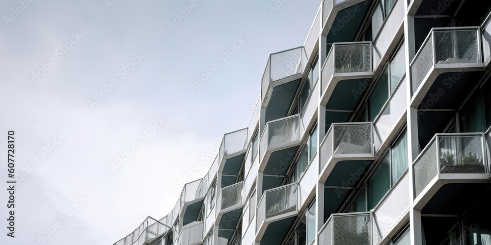 Modern contemporary apartment building, blue sky. Generative AI AIG20.