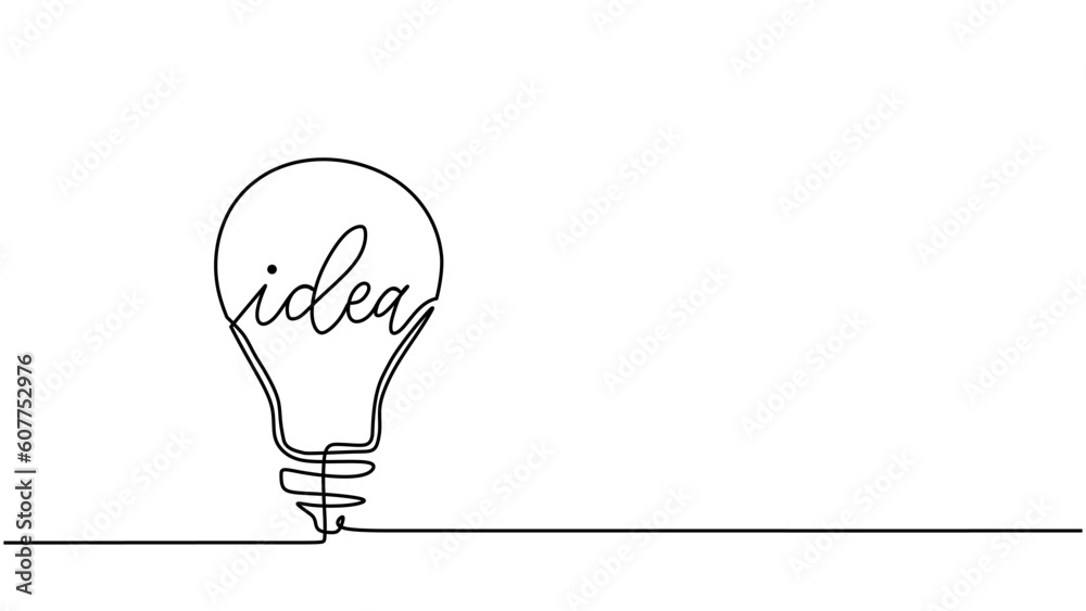 Idea one line drawing, continuous hand drawn light bulb with idea text typography, vector illustrati