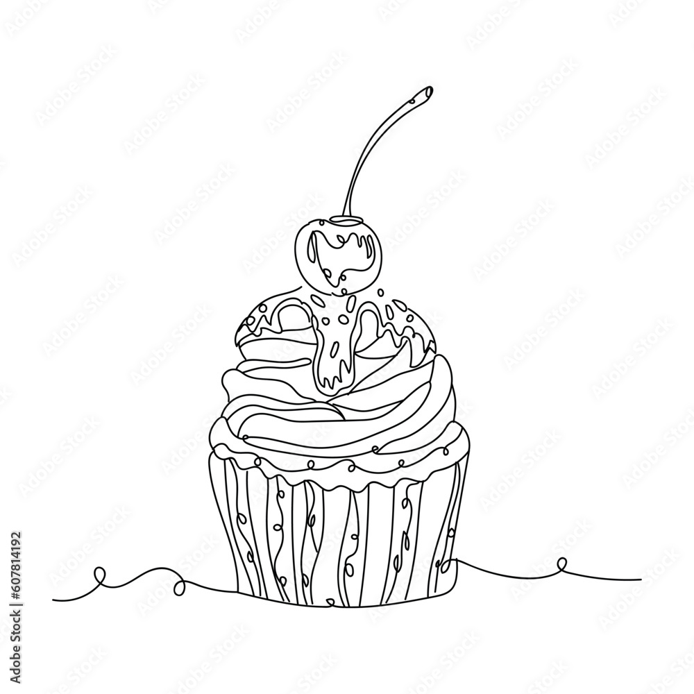 Drawn cherry cupcake on white background