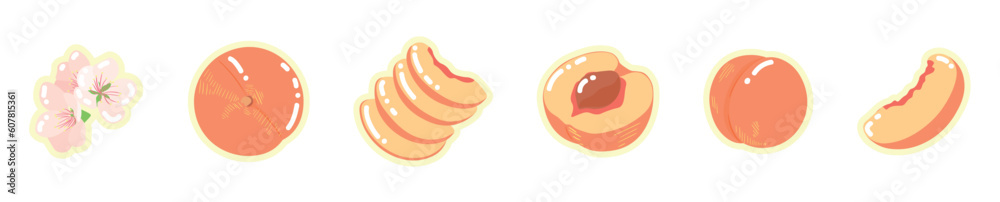 Set of sweet ripe peaches on white background