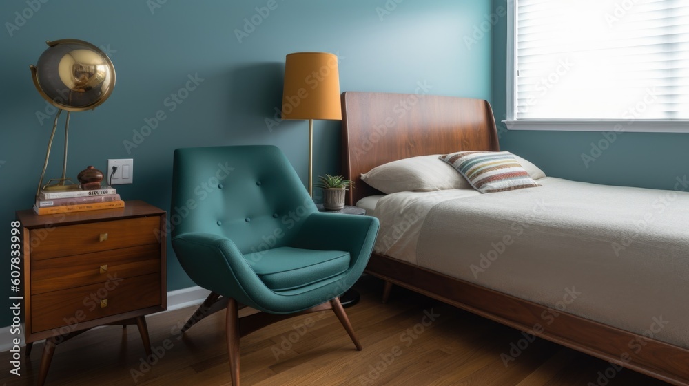 Bedroom decor, home interior design . Mid-Century Modern Retro style with Statement Armchair decorat