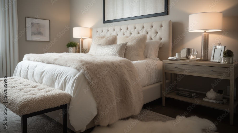 Interior design of Bedroom in Mid-century style with Tufted Headboard decorated with Faux Fur Rug, K