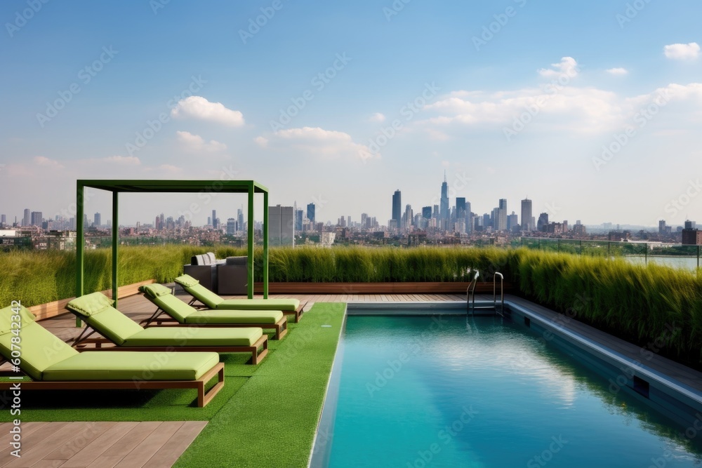 green rooftop terrace with lounge chairs and an infinity pool, surrounded by city skyline, created w