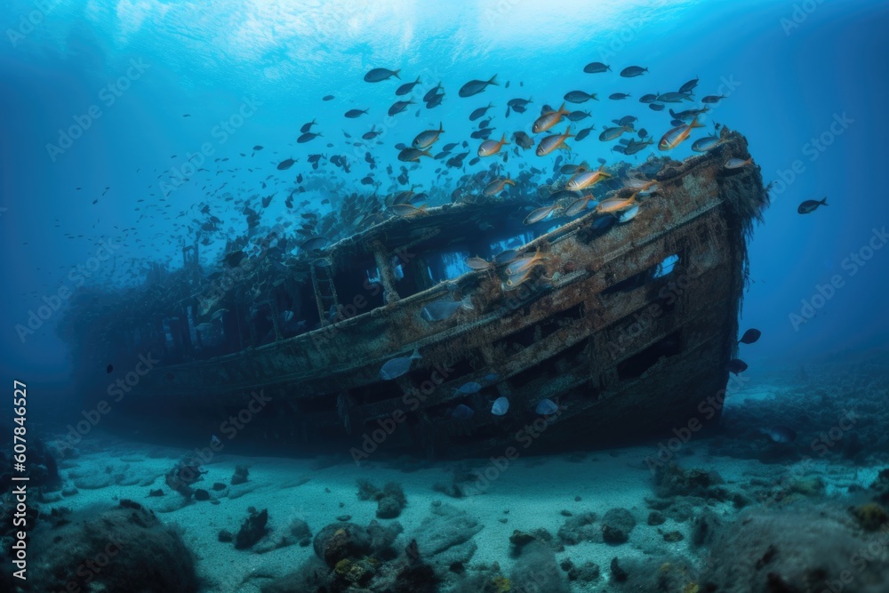 shipwreck surrounded by schools of fish swimming in the murky depths, created with generative ai