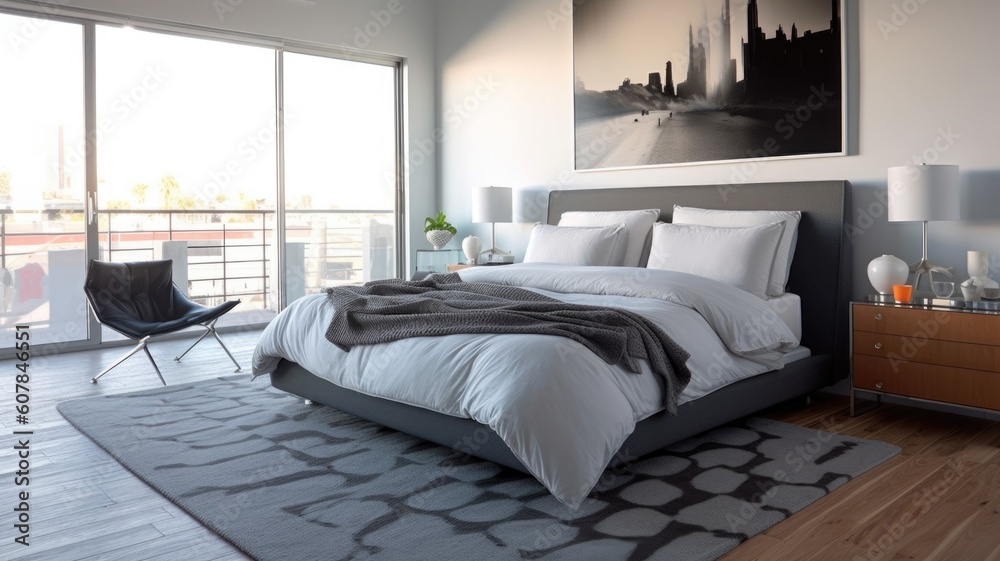 Bedroom decor, home interior design . Modern Contemporary style with Oversized Artwork decorated wit