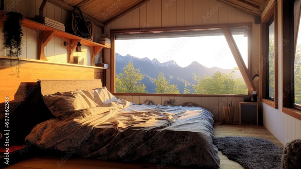 Small bedroom with mountain view under sunlight. Generative AI AIG27.