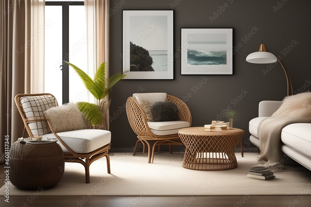 Beautiful cozy interior design of bright living room in boho style with sofa and rattan armchair. AI