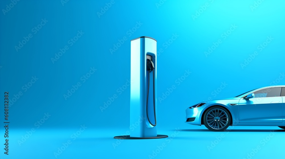 A sleek EV Charging station against a clean, minimalistic blue background. This image embodies the p