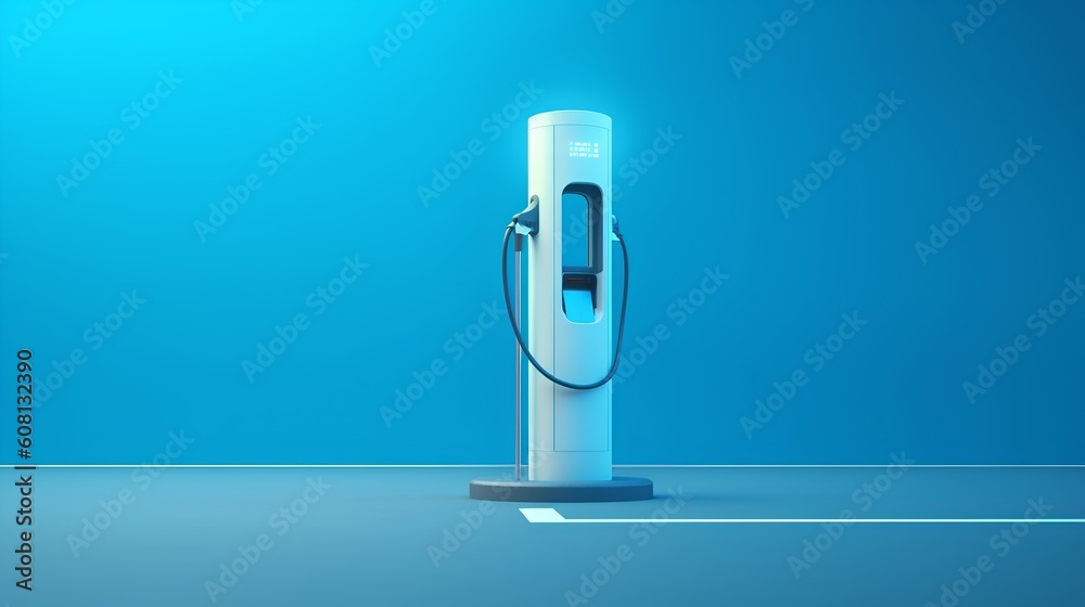 A sleek EV Charging station against a clean, minimalistic blue background. This image embodies the p