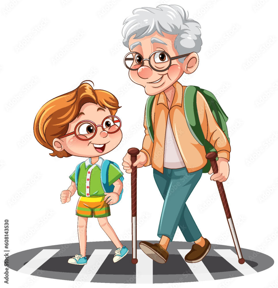 Grandparent crossing the road with student