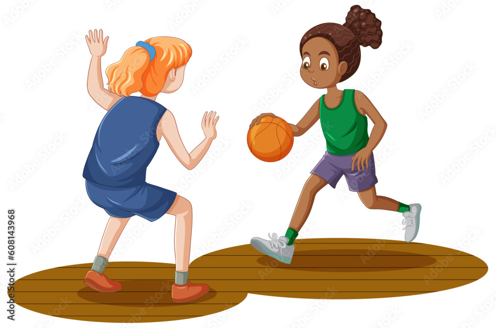 Two Adolescent Girls Playing Basketball