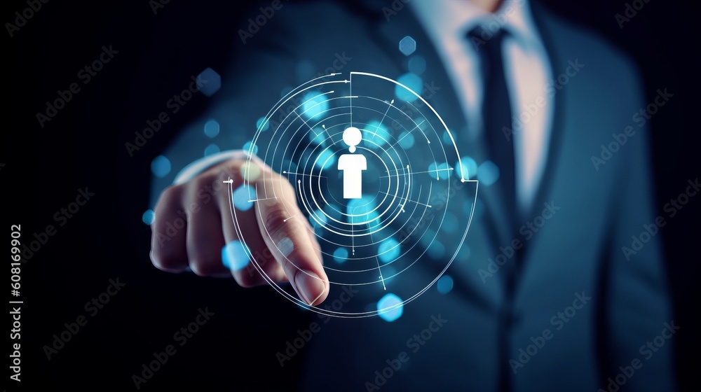 Businessman touching virtual human icon on dartboard with arrow for Global business CRM or Customer 