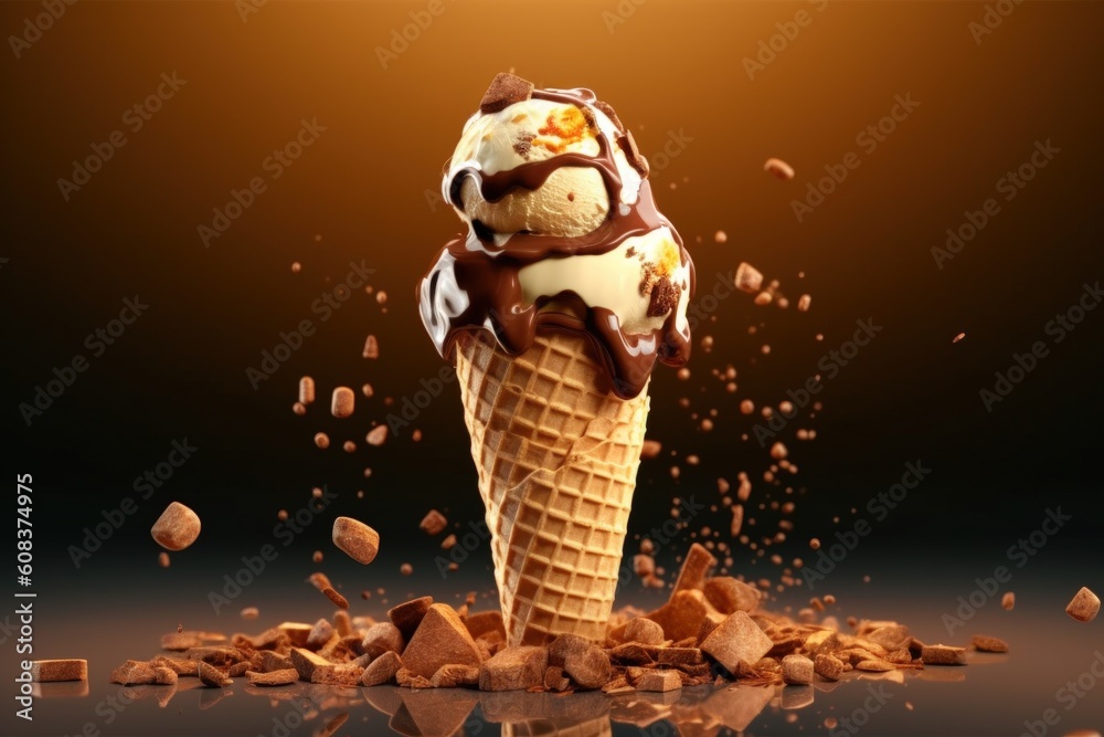 Ice cream cone with caramel. Illustration AI Generative.