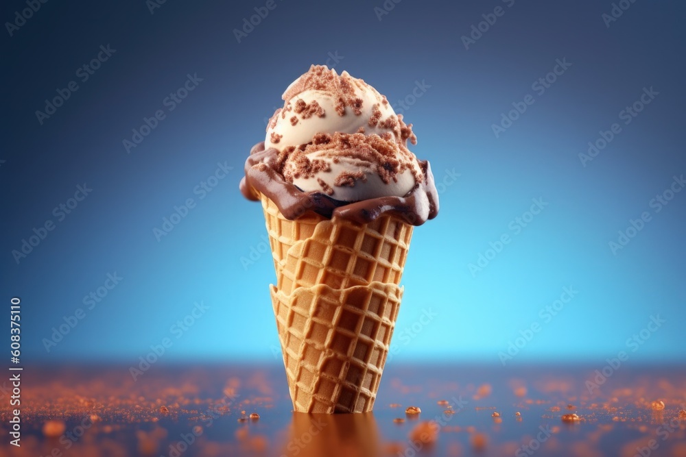 Ice cream cone with caramel. Illustration AI Generative.