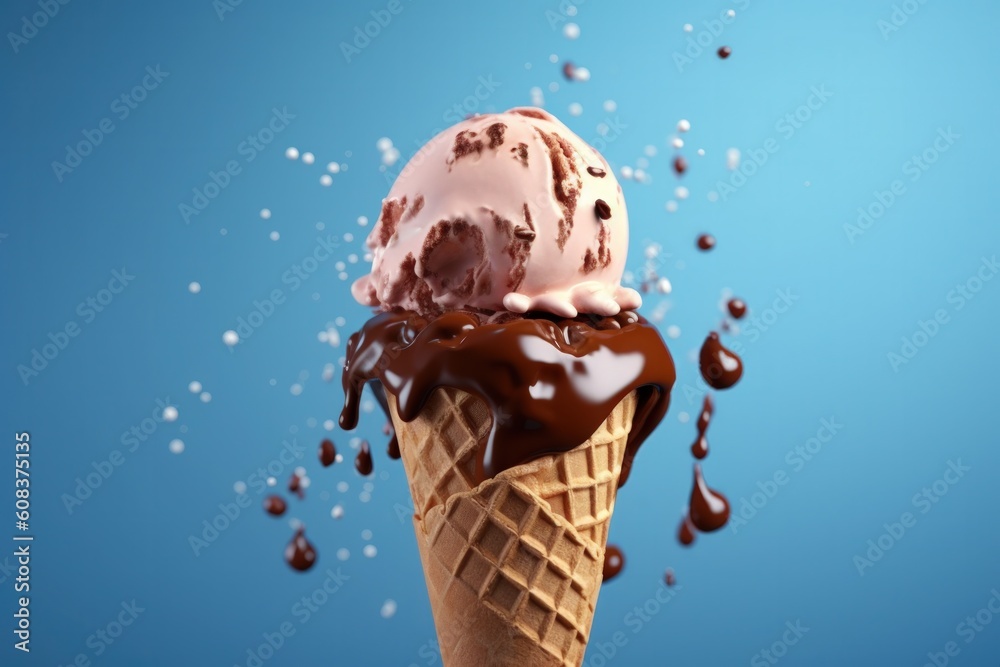 Ice cream cone with caramel. Illustration AI Generative.